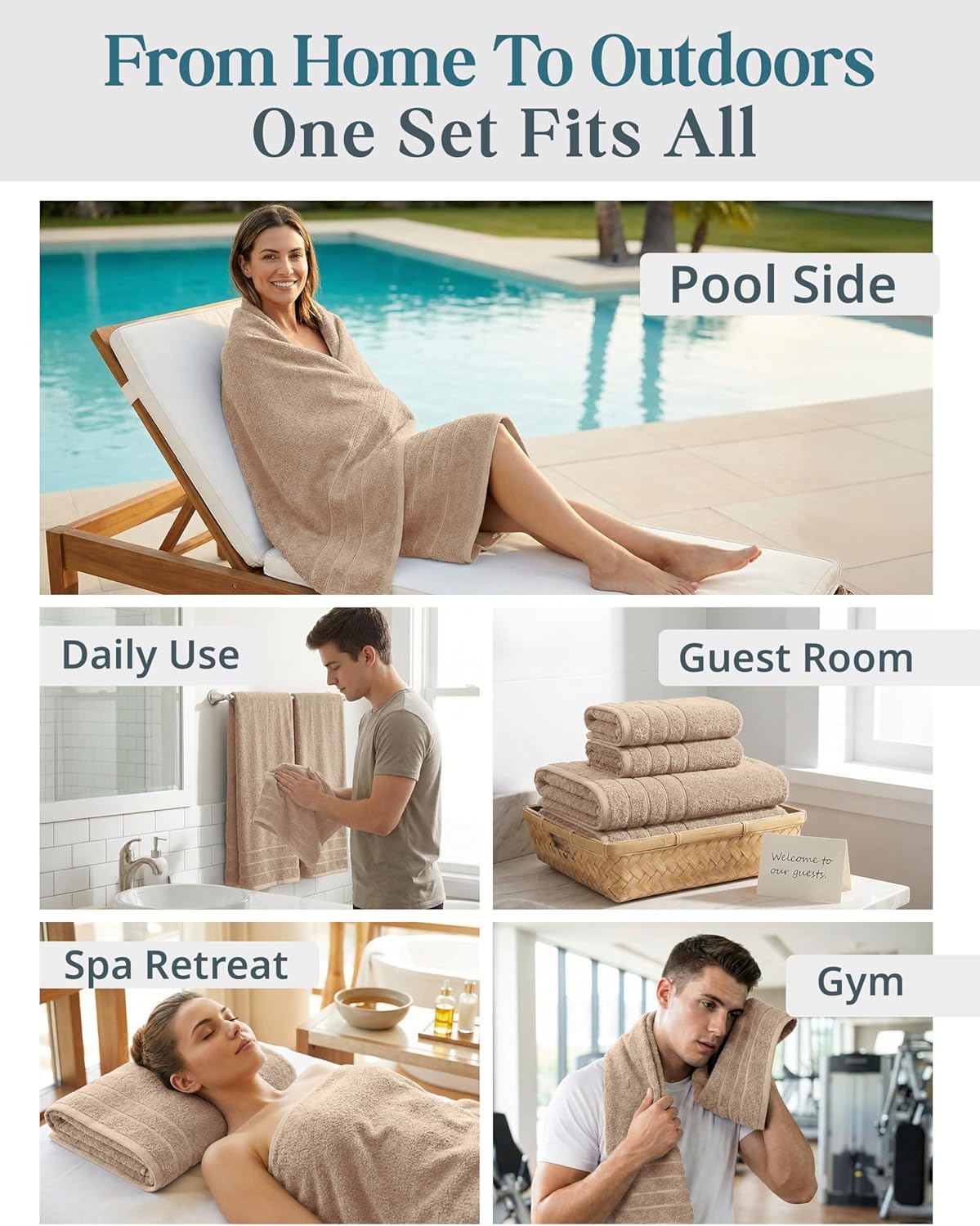 Casa Platino 100% Luxury Cotton Bathroom Towel Set 8 Pcs – Super Soft & Highly Absorbent – 2 Bath, 4 Washcloths, 2 Hand Towels for Bathroom – Oeko TEX Certified, Fade Resistant, Luxury Look – Beige