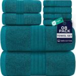 DAN RIVER 8 PC Luxury Bath Towels for Bathroom, 2 Bath, 2 Hand, and 4 Wash Cloths, 600 GSM 100% Ring Spun Cotton Towel Set, Highly Absorbent, Gym, Hotel, and Spa, Teal