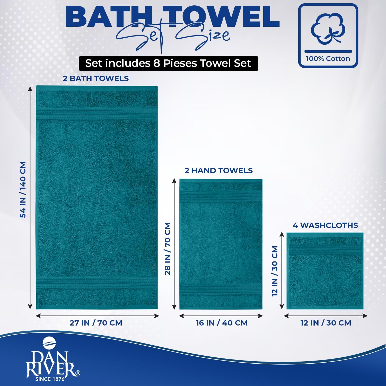 DAN RIVER 8 PC Luxury Bath Towels for Bathroom, 2 Bath, 2 Hand, and 4 Wash Cloths, 600 GSM 100% Ring Spun Cotton Towel Set, Highly Absorbent, Gym, Hotel, and Spa, Teal