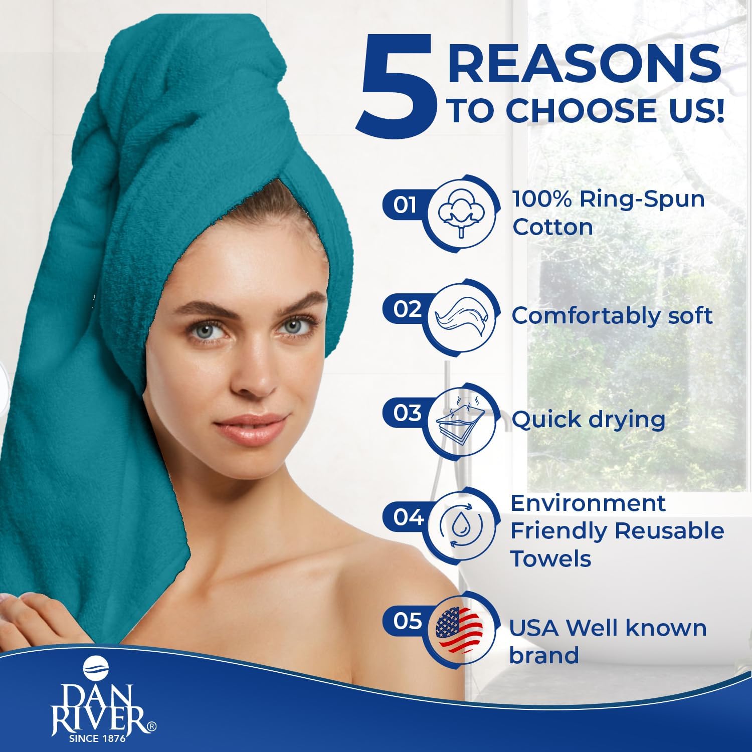 DAN RIVER 8 PC Luxury Bath Towels for Bathroom, 2 Bath, 2 Hand, and 4 Wash Cloths, 600 GSM 100% Ring Spun Cotton Towel Set, Highly Absorbent, Gym, Hotel, and Spa, Teal