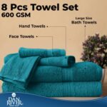 DAN RIVER 8 PC Luxury Bath Towels for Bathroom, 2 Bath, 2 Hand, and 4 Wash Cloths, 600 GSM 100% Ring Spun Cotton Towel Set, Highly Absorbent, Gym, Hotel, and Spa, Teal