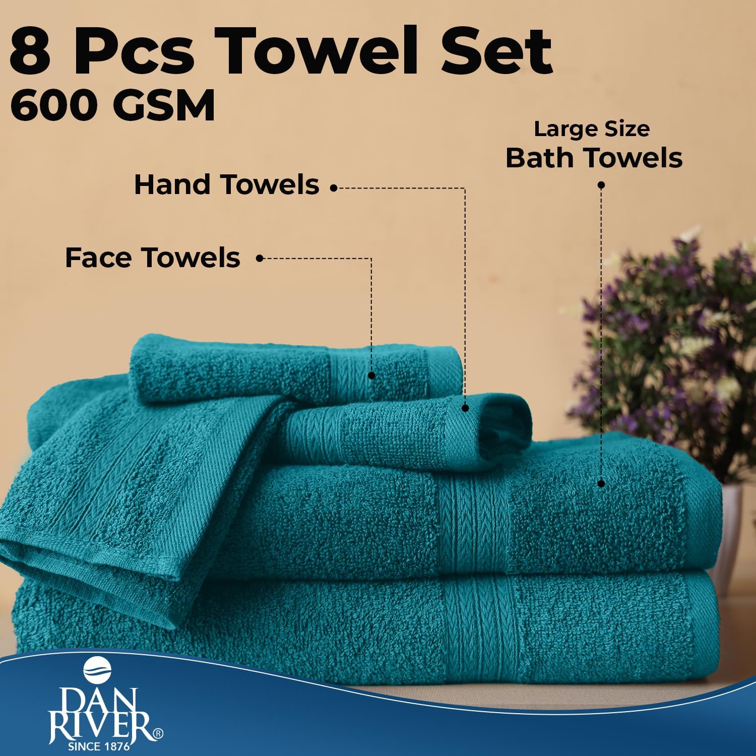 DAN RIVER 8 PC Luxury Bath Towels for Bathroom, 2 Bath, 2 Hand, and 4 Wash Cloths, 600 GSM 100% Ring Spun Cotton Towel Set, Highly Absorbent, Gym, Hotel, and Spa, Teal