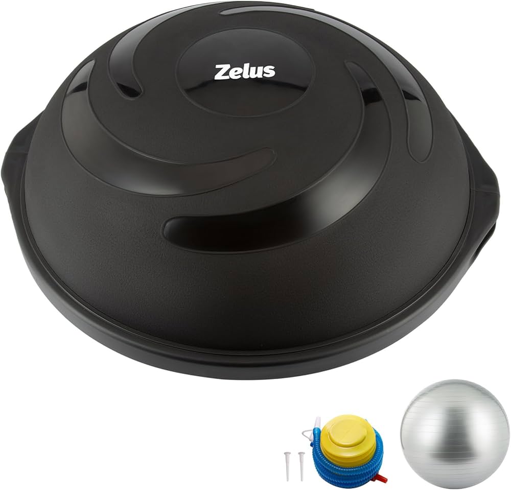 ZELUS 25in. Balance Ball | 660lb Inflatable Half Exercise Ball Wobble Board Balance Trainer w Nonslip Base | Half Yoga Ball Strength Training Equipment w 2 Bands, Pump, Extra Ball Included
