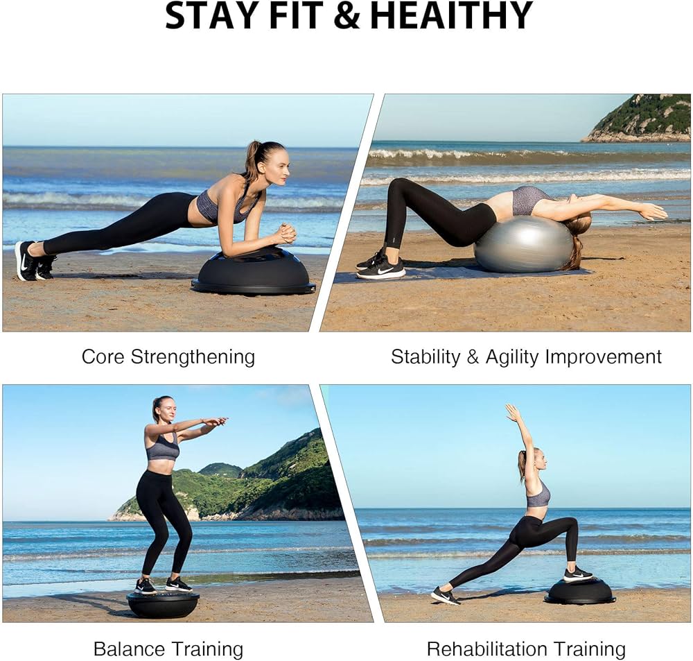 ZELUS 25in. Balance Ball | 660lb Inflatable Half Exercise Ball Wobble Board Balance Trainer w Nonslip Base | Half Yoga Ball Strength Training Equipment w 2 Bands, Pump, Extra Ball Included