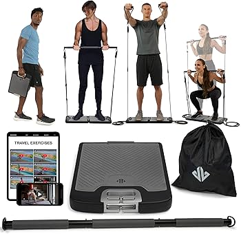 EVO Gym – Portable Home Gym Strength Training Equipment, at Home Gym | All in One Gym – Resistance Bands, Base Holds Gym Bar & Handles for Travel | Portable Gym & Home Exercise Equipment