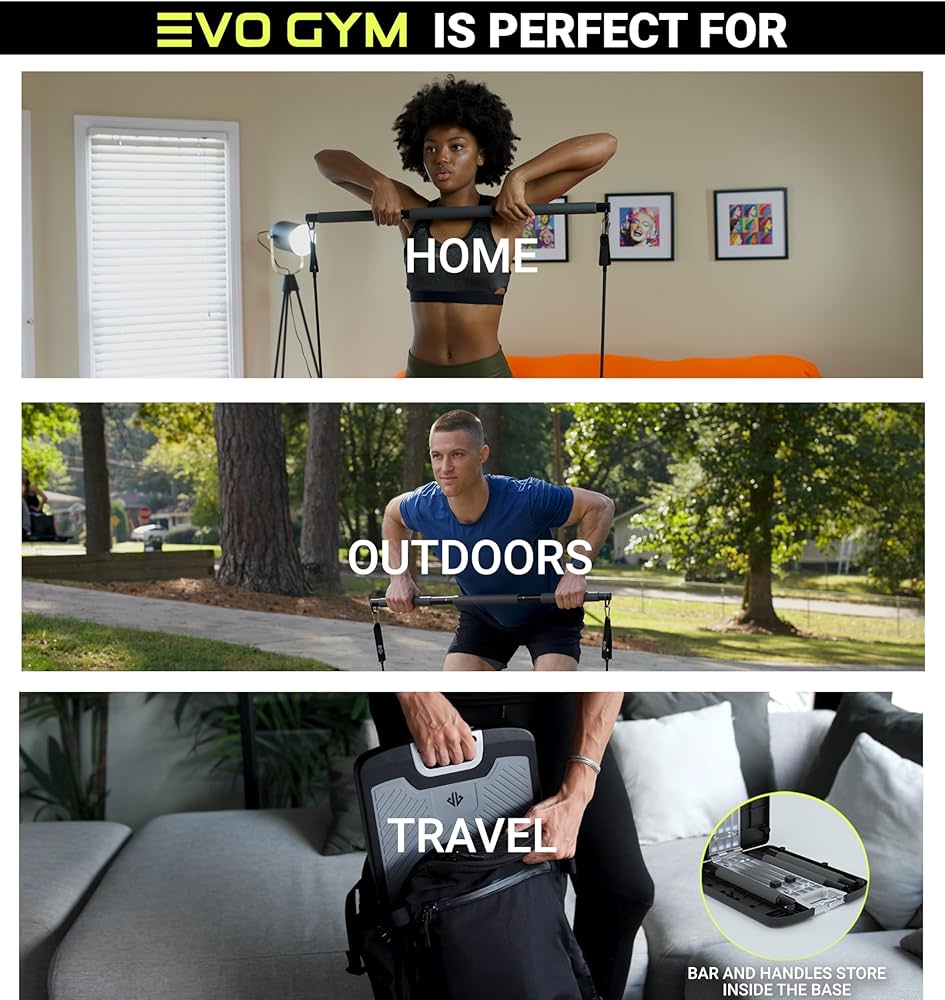 EVO Gym – Portable Home Gym Strength Training Equipment, at Home Gym | All in One Gym – Resistance Bands, Base Holds Gym Bar & Handles for Travel | Portable Gym & Home Exercise Equipment