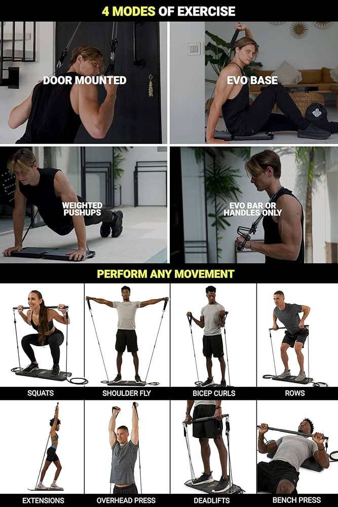EVO Gym – Portable Home Gym Strength Training Equipment, at Home Gym | All in One Gym – Resistance Bands, Base Holds Gym Bar & Handles for Travel | Portable Gym & Home Exercise Equipment