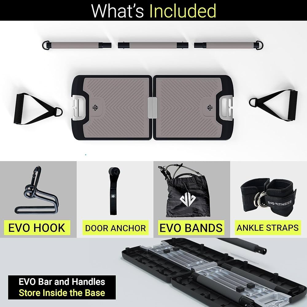 EVO Gym – Portable Home Gym Strength Training Equipment, at Home Gym | All in One Gym – Resistance Bands, Base Holds Gym Bar & Handles for Travel | Portable Gym & Home Exercise Equipment