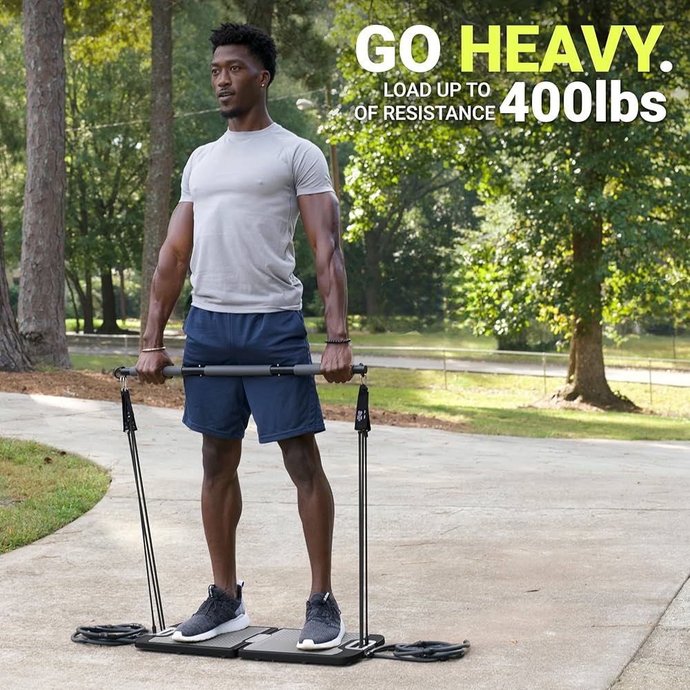EVO Gym – Portable Home Gym Strength Training Equipment, at Home Gym | All in One Gym – Resistance Bands, Base Holds Gym Bar & Handles for Travel | Portable Gym & Home Exercise Equipment