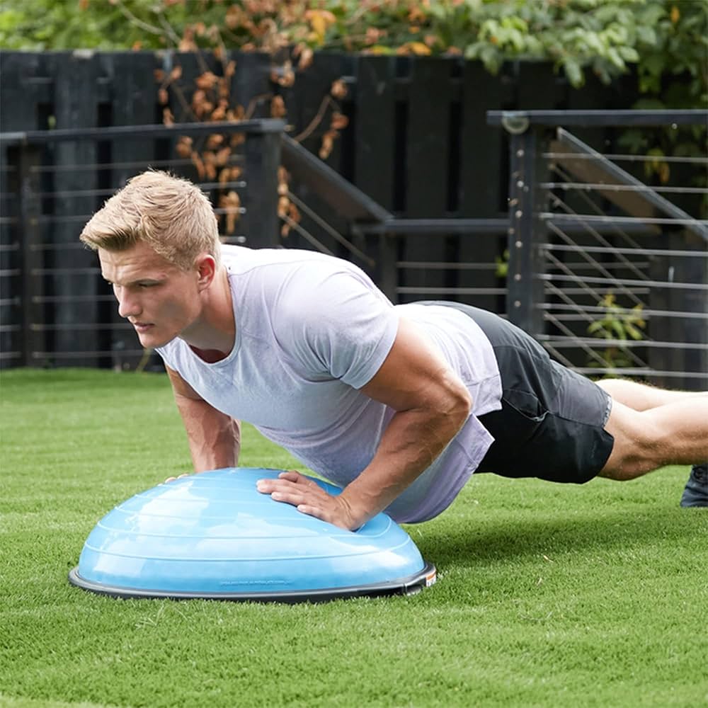 Bosu Balance Ball Exercise Trainer, Home Gym Equipment w/ Guided Workouts & Pump, 26″, Blue – Inflatable Fitness Platform for Strength Training, Standing, Balancing, and Core Workout