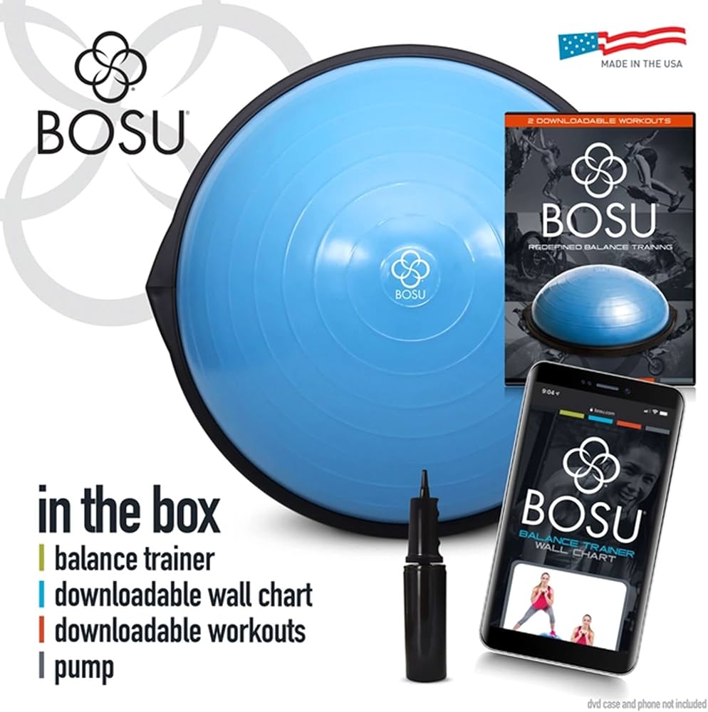 Bosu Balance Ball Exercise Trainer, Home Gym Equipment w/ Guided Workouts & Pump, 26″, Blue – Inflatable Fitness Platform for Strength Training, Standing, Balancing, and Core Workout