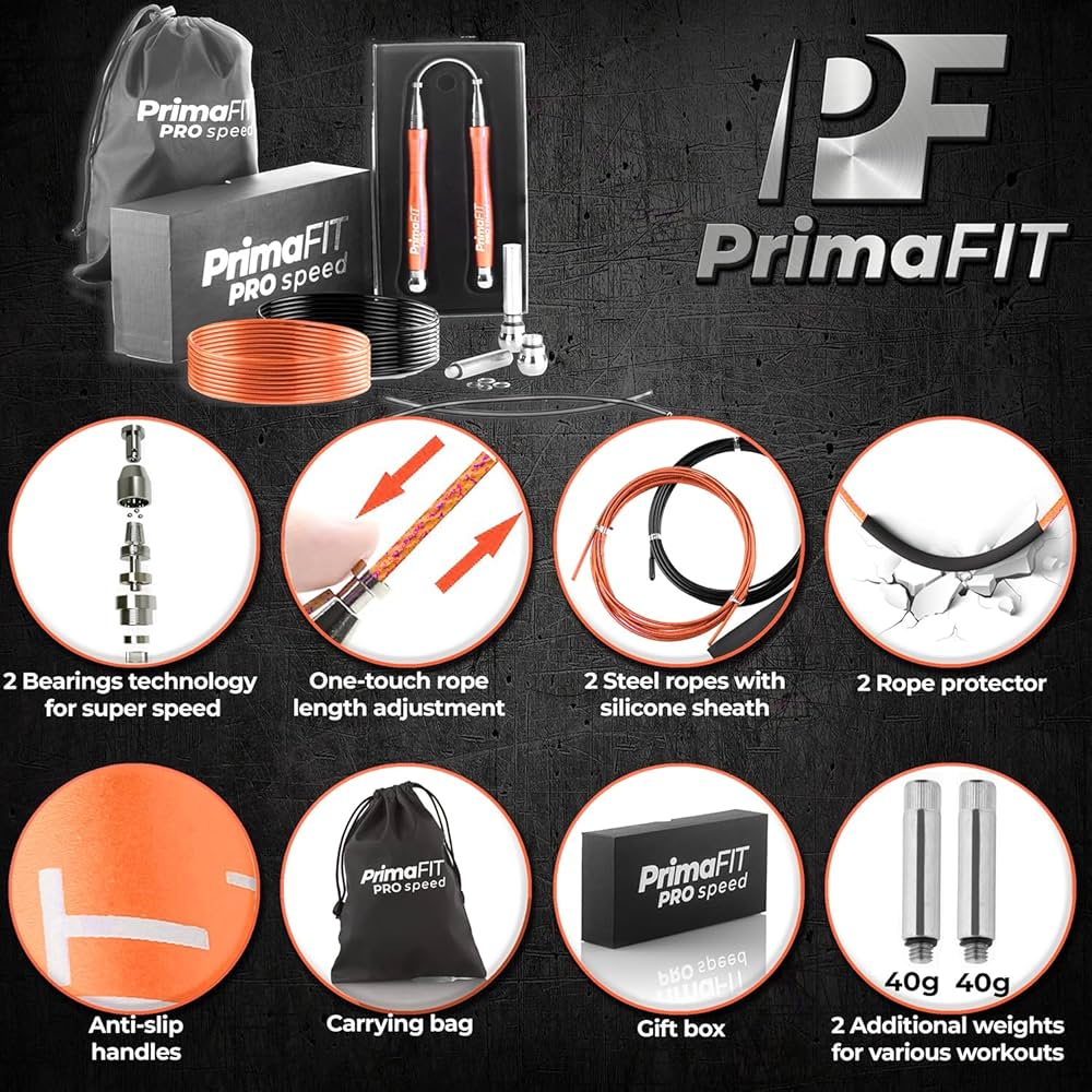 PrimaFIT Jump Rope Pro Speed Skipping Rope Adjustable Adult Jumping Rope Weighted Aluminium Handles for Double Dutch Boxing Workout Crossfit Exercise Fitness Spare Cable Weights Protectors Carry Bag