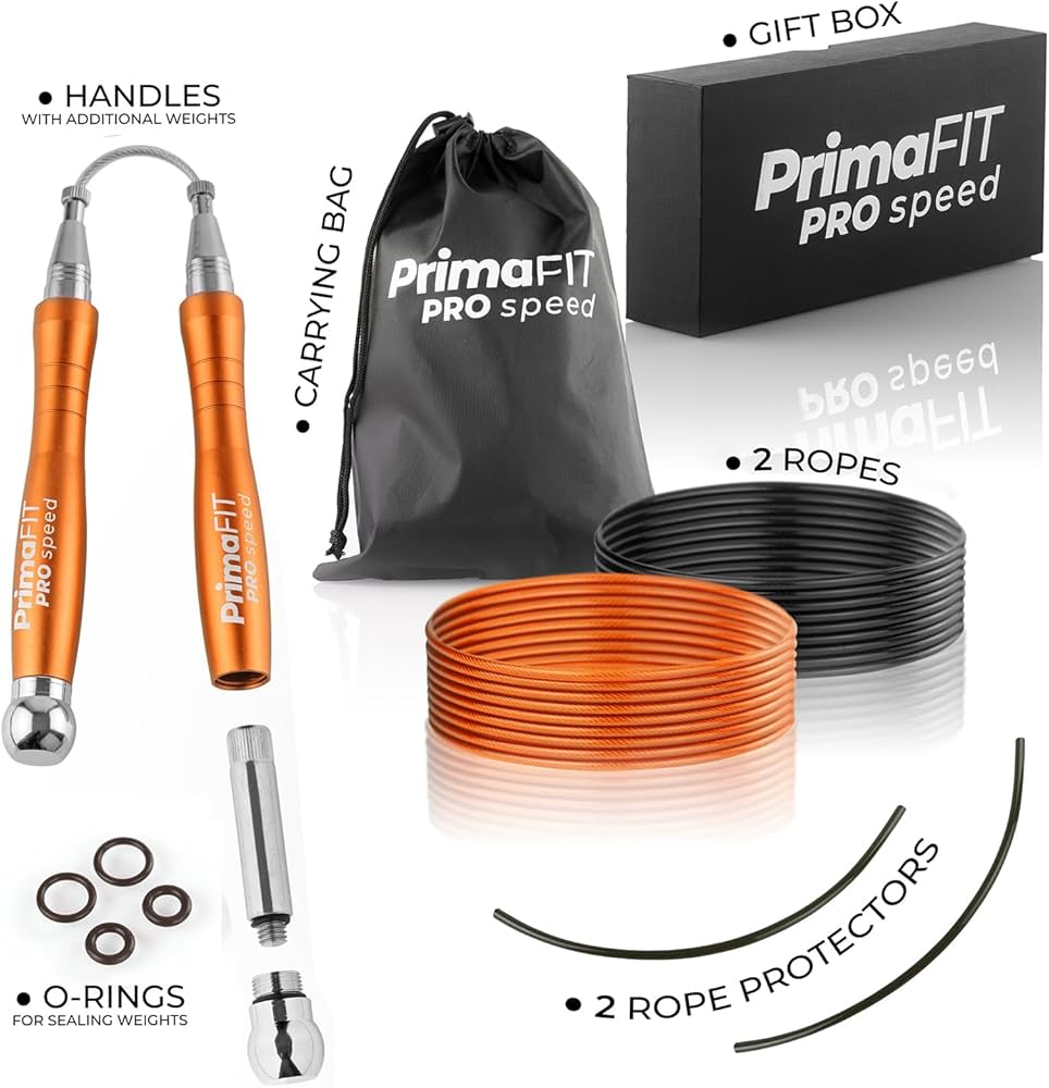 PrimaFIT Jump Rope Pro Speed Skipping Rope Adjustable Adult Jumping Rope Weighted Aluminium Handles for Double Dutch Boxing Workout Crossfit Exercise Fitness Spare Cable Weights Protectors Carry Bag