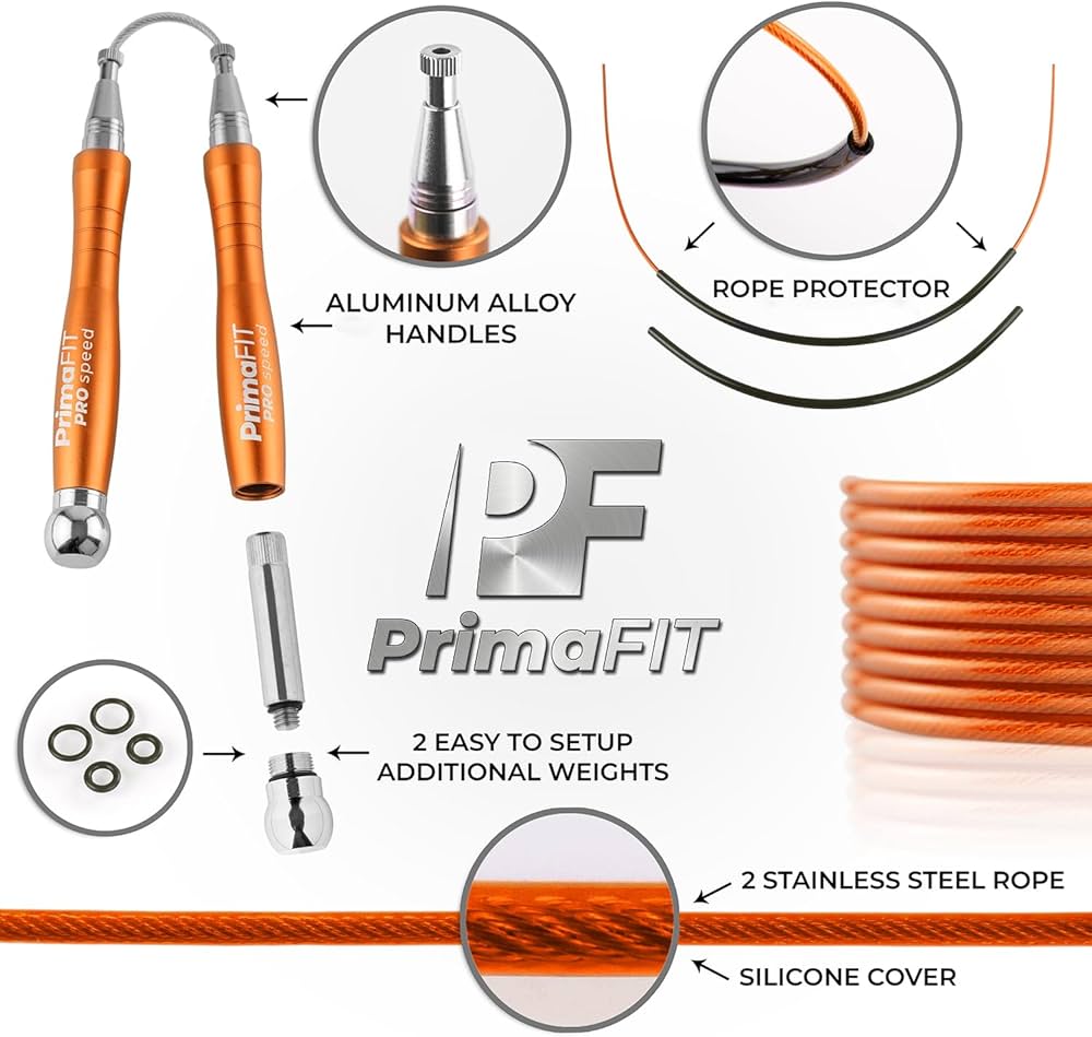 PrimaFIT Jump Rope Pro Speed Skipping Rope Adjustable Adult Jumping Rope Weighted Aluminium Handles for Double Dutch Boxing Workout Crossfit Exercise Fitness Spare Cable Weights Protectors Carry Bag