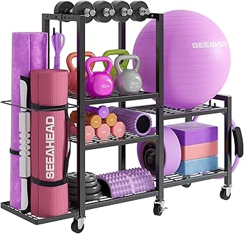 6-Tier Home Gym Storage Rack with Wheels, Dumbbell Weight Rack and Yoga Mat Organizer, Multi-Purpose Gym Equipment Storage Stand for Home Gym Accessories