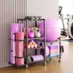 6-Tier Home Gym Storage Rack with Wheels, Dumbbell Weight Rack and Yoga Mat Organizer, Multi-Purpose Gym Equipment Storage Stand for Home Gym Accessories