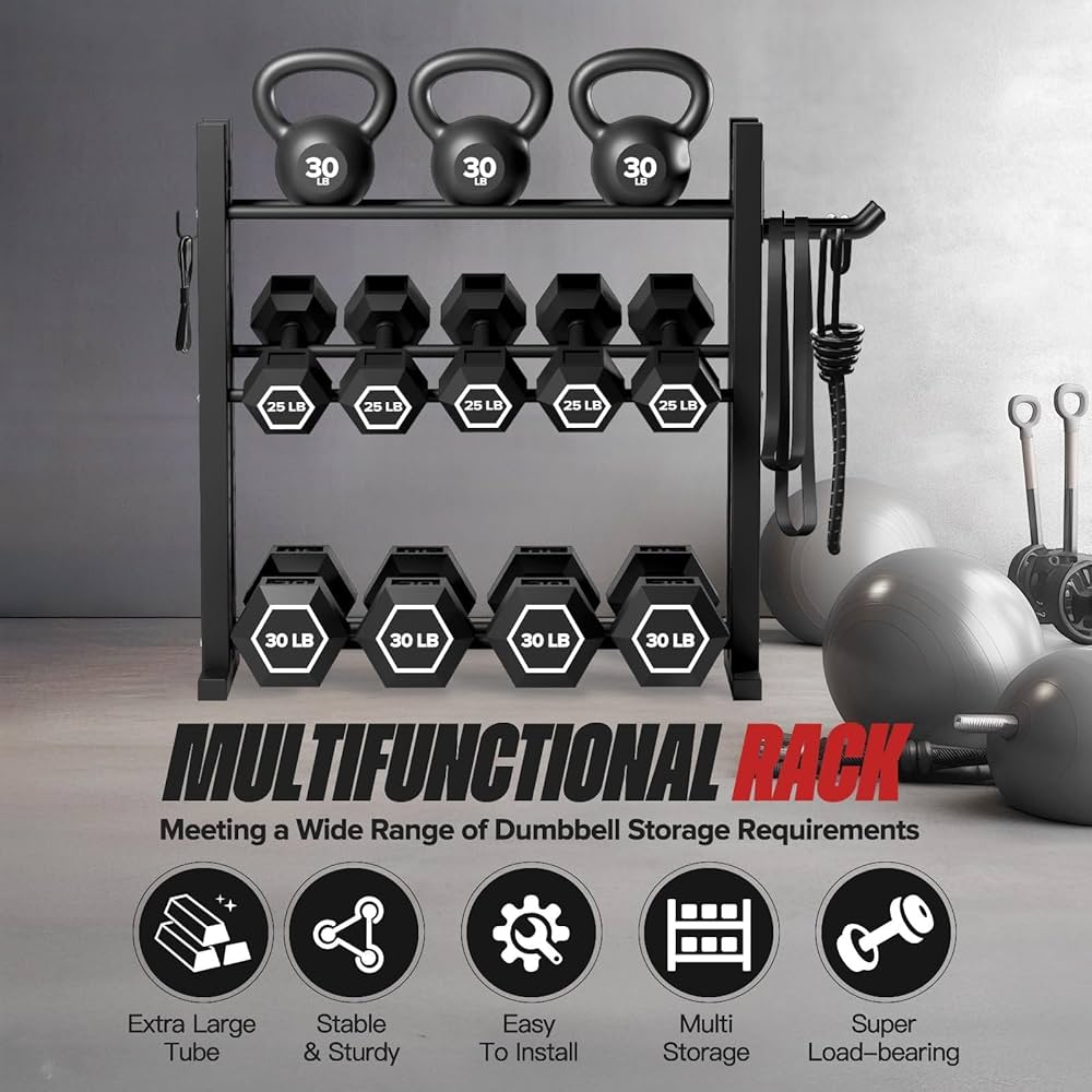 3-Tier Dumbbell Rack Stand Only, Weight Rack for Home Gym Dumbbells, Adjustable Height, Compact Design, Dumbbell Storage for Home Use
