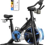 Merach Magnetic Exercise Bike, Low Noise Stationary Bike for Home with Comfortable Seat Cushion, Spinning Bike with 330 lb Weight Capacity, Exclusive App, Tablet Mount and Fitness Courses