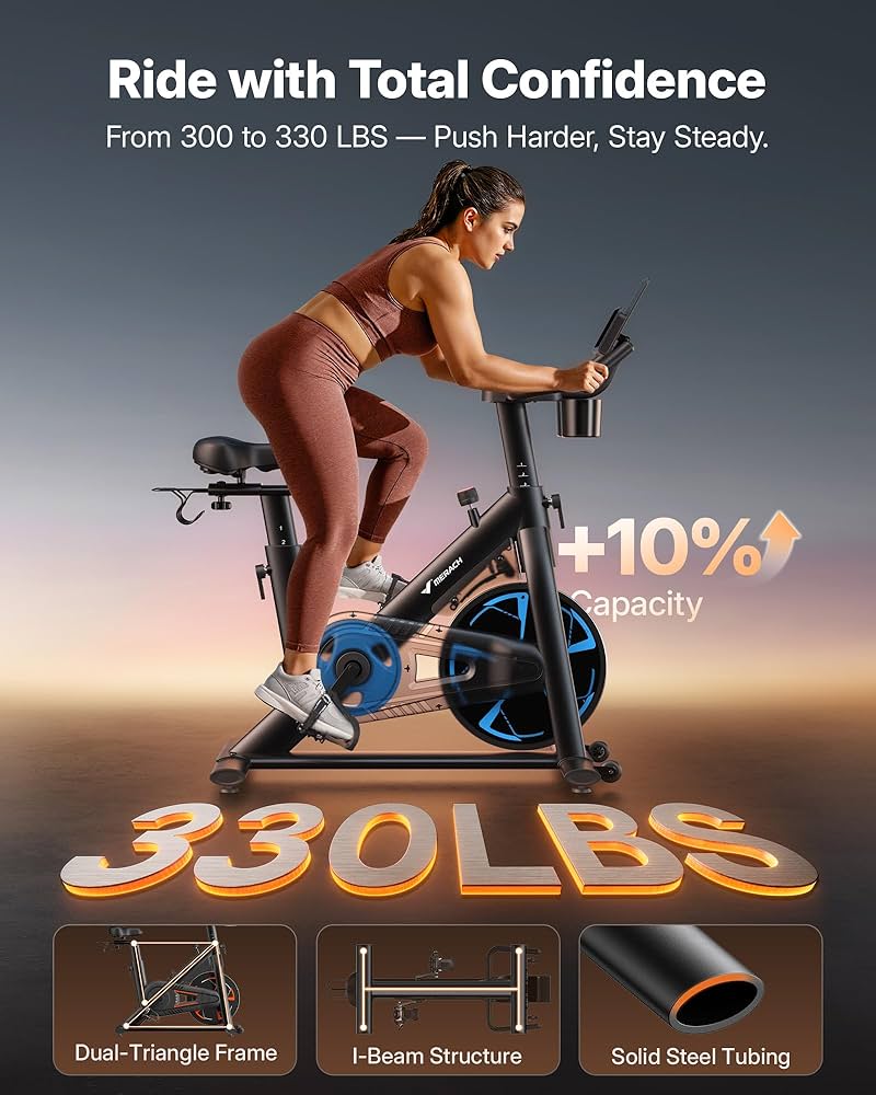 Merach Magnetic Exercise Bike, Low Noise Stationary Bike for Home with Comfortable Seat Cushion, Spinning Bike with 330 lb Weight Capacity, Exclusive App, Tablet Mount and Fitness Courses