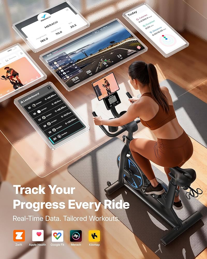 Merach Magnetic Exercise Bike, Low Noise Stationary Bike for Home with Comfortable Seat Cushion, Spinning Bike with 330 lb Weight Capacity, Exclusive App, Tablet Mount and Fitness Courses