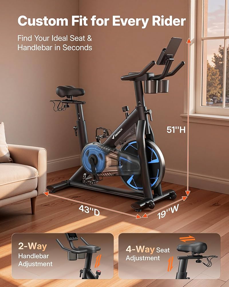 Merach Magnetic Exercise Bike, Low Noise Stationary Bike for Home with Comfortable Seat Cushion, Spinning Bike with 330 lb Weight Capacity, Exclusive App, Tablet Mount and Fitness Courses