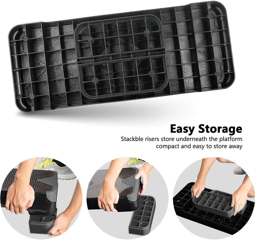 Adjustable Workout Aerobic Stepper, Aerobic Exercise Step Platform with 2 Risers, Exercise Step Deck for Fitness, 26.5″ Trainer Stepper with Non-Slip Surface Home Gym & Extra Risers Options