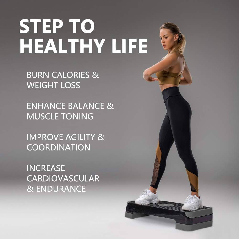 Adjustable Workout Aerobic Stepper, Aerobic Exercise Step Platform with 2 Risers, Exercise Step Deck for Fitness, 26.5″ Trainer Stepper with Non-Slip Surface Home Gym & Extra Risers Options