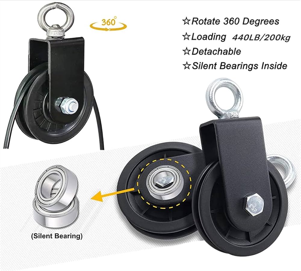 Weight Cable Pulley System Gym,Pulley Wheel 360 Degree Rotating 3.54in Silent Pulley,Pulley Hanging Strap Carabiner Hooks Hammock Straps for Gym Equipment,Ladder Lift,DIY Home Projects