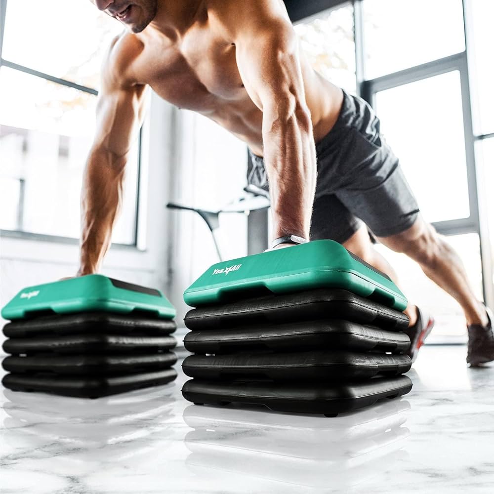 Yes4All 16″x16″ Adjustable High Step Aerobic Platform with 4 Risers, Height-Adjustable 4″-6”-8”-10”-12″ Step Aerobics Platform for Home Gym Exercise Fitness Workout