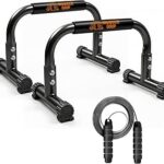 Push Up Bars Parallettes, 10” Heavy-Duty Steel Dip Bars with Non-Slip Foam Handles, Calisthenics Equipment for Handstands, L-Sit & Dips, Home Gym Workout Set with Jump Rope
