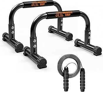 Push Up Bars Parallettes, 10” Heavy-Duty Steel Dip Bars with Non-Slip Foam Handles, Calisthenics Equipment for Handstands, L-Sit & Dips, Home Gym Workout Set with Jump Rope