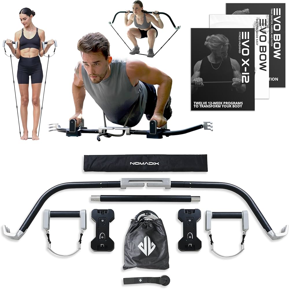 EVO Bow – All in One Portable Home Gym System with Ultra Weighted Push Up Board | Compact Strength Training and Exercise Equipment for Travel, Notched Resistance Bands for Full Body Training | 300lbs