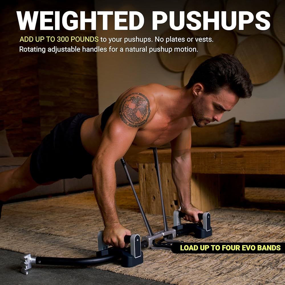 EVO Bow – All in One Portable Home Gym System with Ultra Weighted Push Up Board | Compact Strength Training and Exercise Equipment for Travel, Notched Resistance Bands for Full Body Training | 300lbs