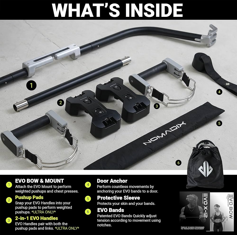 EVO Bow – All in One Portable Home Gym System with Ultra Weighted Push Up Board | Compact Strength Training and Exercise Equipment for Travel, Notched Resistance Bands for Full Body Training | 300lbs