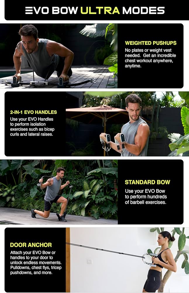 EVO Bow – All in One Portable Home Gym System with Ultra Weighted Push Up Board | Compact Strength Training and Exercise Equipment for Travel, Notched Resistance Bands for Full Body Training | 300lbs