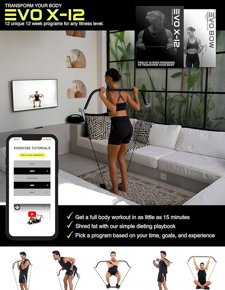 EVO Bow – All in One Portable Home Gym System with Ultra Weighted Push Up Board | Compact Strength Training and Exercise Equipment for Travel, Notched Resistance Bands for Full Body Training | 300lbs