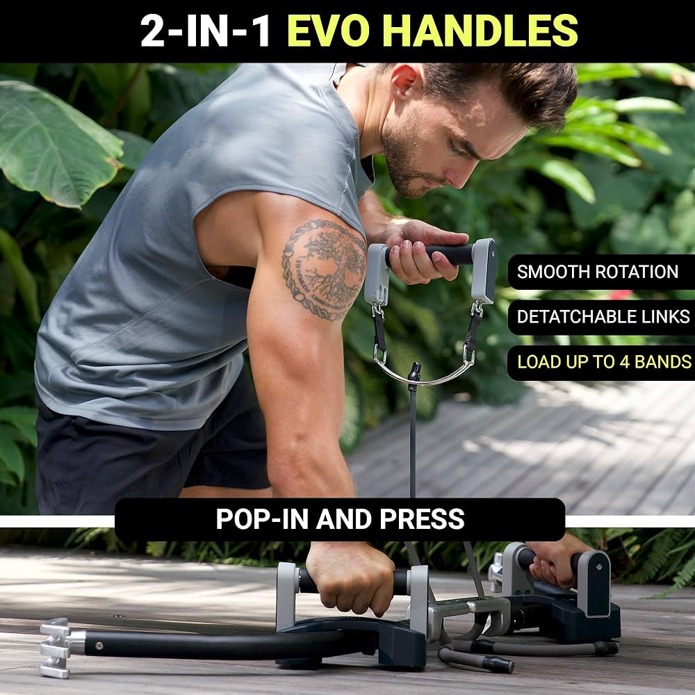 EVO Bow – All in One Portable Home Gym System with Ultra Weighted Push Up Board | Compact Strength Training and Exercise Equipment for Travel, Notched Resistance Bands for Full Body Training | 300lbs