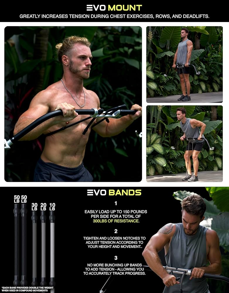 EVO Bow – All in One Portable Home Gym System with Ultra Weighted Push Up Board | Compact Strength Training and Exercise Equipment for Travel, Notched Resistance Bands for Full Body Training | 300lbs