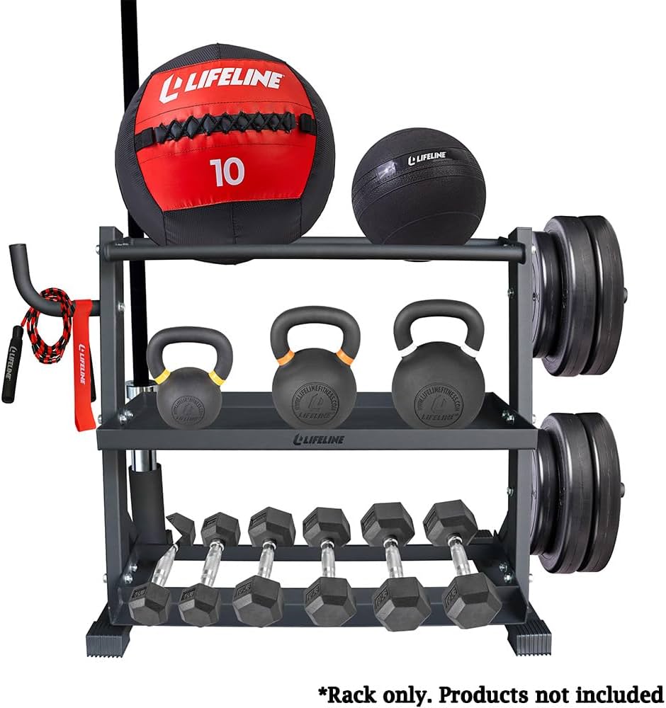 Lifeline Fitness Home Gym 3-Shelf Dumbbell and Kettlebell Storage Rack with Rope and Band Hook – Holds up to 440 LBS – Robust Gym Equipment Storage Solution