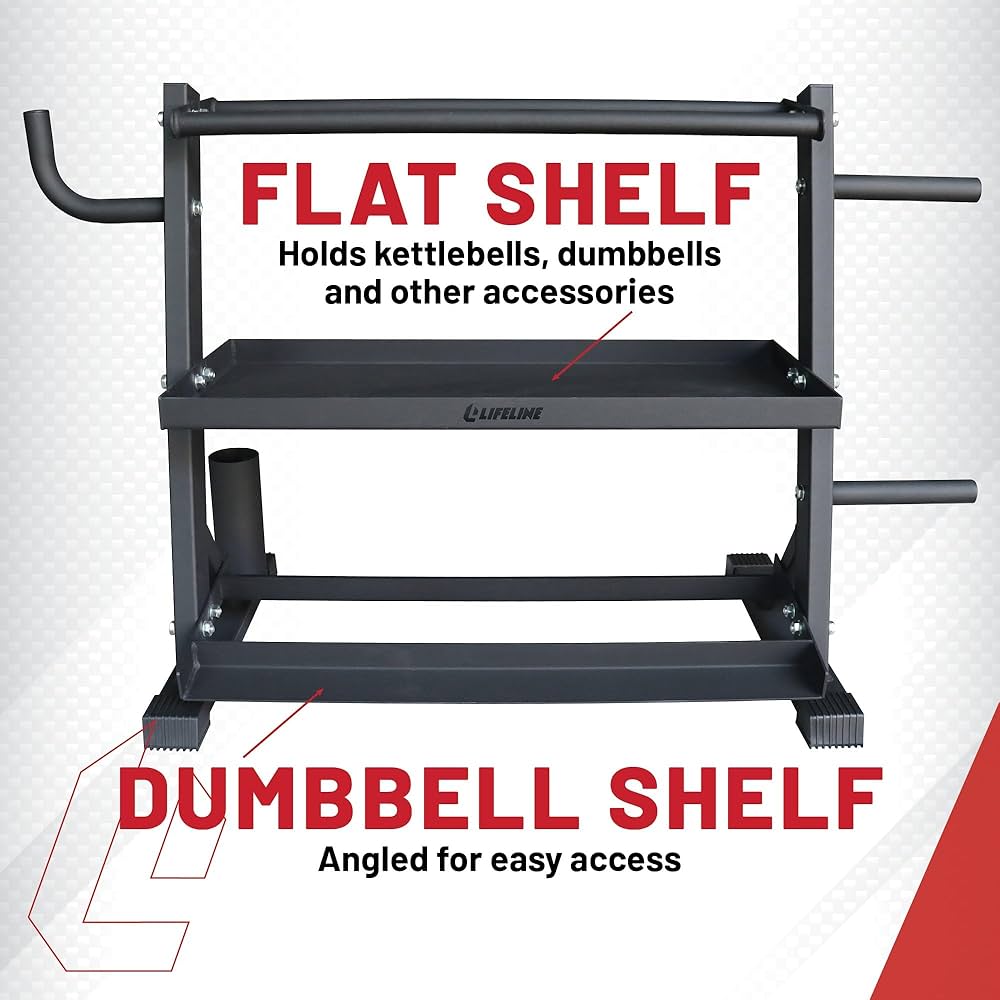 Lifeline Fitness Home Gym 3-Shelf Dumbbell and Kettlebell Storage Rack with Rope and Band Hook – Holds up to 440 LBS – Robust Gym Equipment Storage Solution