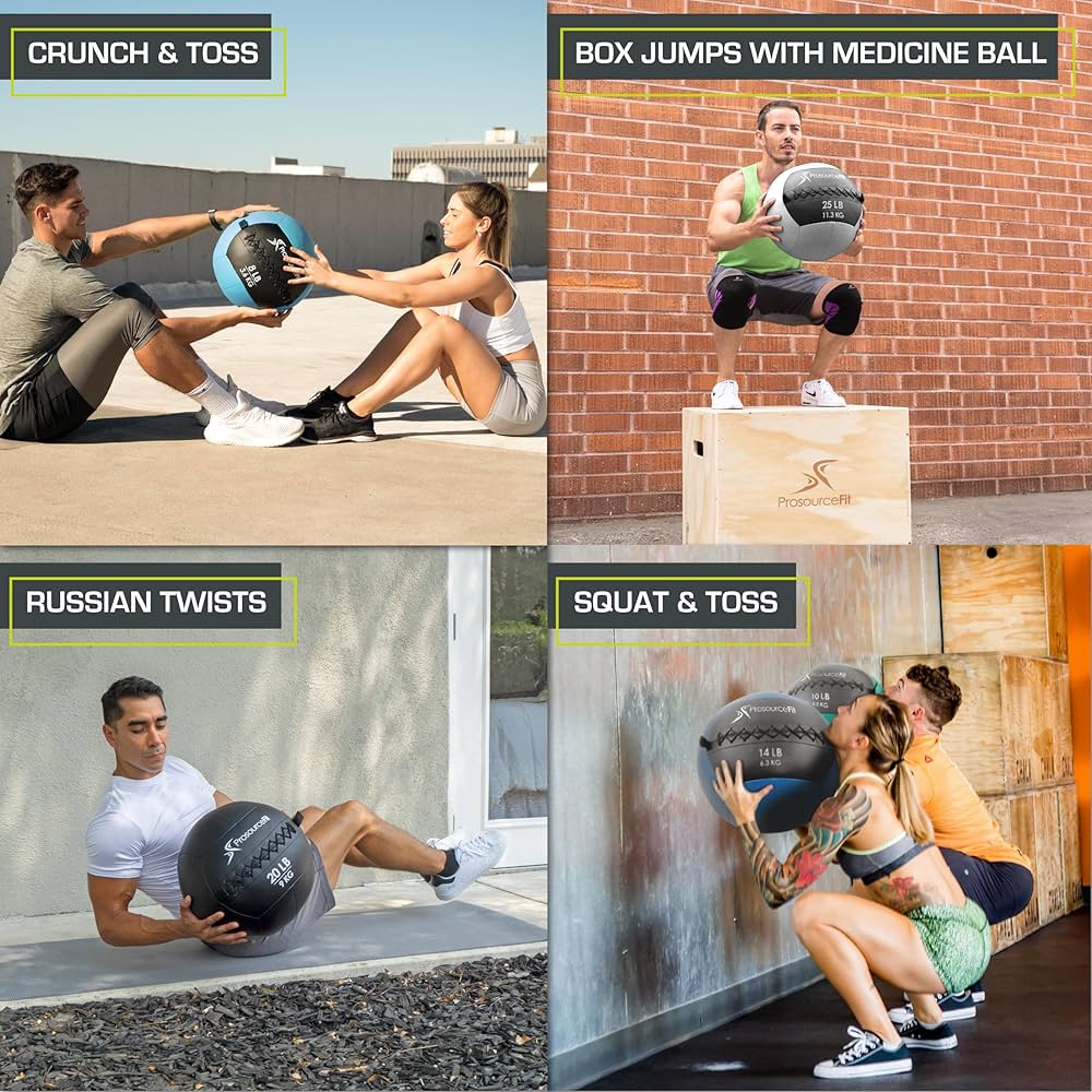 ProSource Soft Medicine Balls for CrossFit Wall Ball and Full Body Dynamic Exercises, Color-Coded Weights: 6, 8, 10, 14, 20, 25 lb.