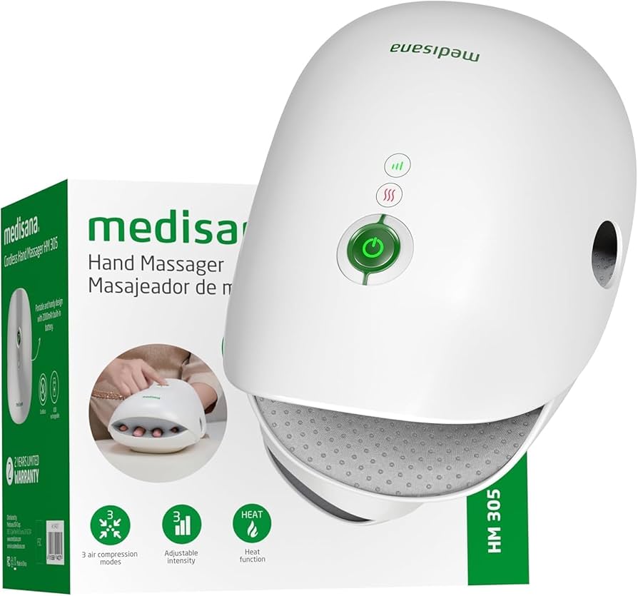 Medisana Hand Massager with Heat and Compression, Cordless Hand Massager for Arthritis and Carpal Tunnel Relief, Knuckle Stretching Massage, Christmas Gifts for Men Women Dad Mom-Bright White