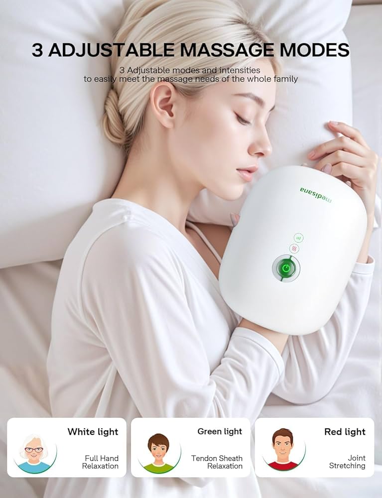 Medisana Hand Massager with Heat and Compression, Cordless Hand Massager for Arthritis and Carpal Tunnel Relief, Knuckle Stretching Massage, Christmas Gifts for Men Women Dad Mom-Bright White