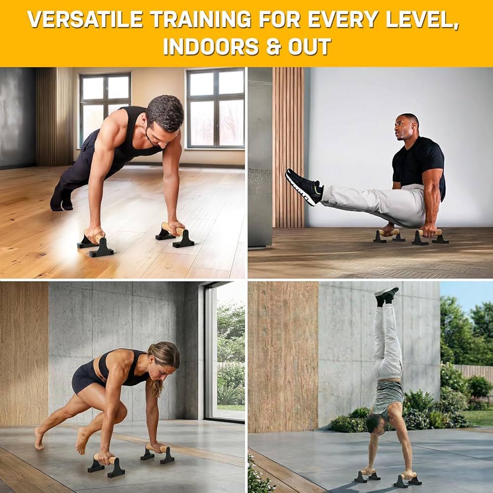 Double Circle Parallettes Push Up Bar with Ergonomic Wooden Handles – Calisthenics Equipment – Non-slip Parallel Bars for Strength Training and Calisthenics – Pushup Handles Parallettes Bars