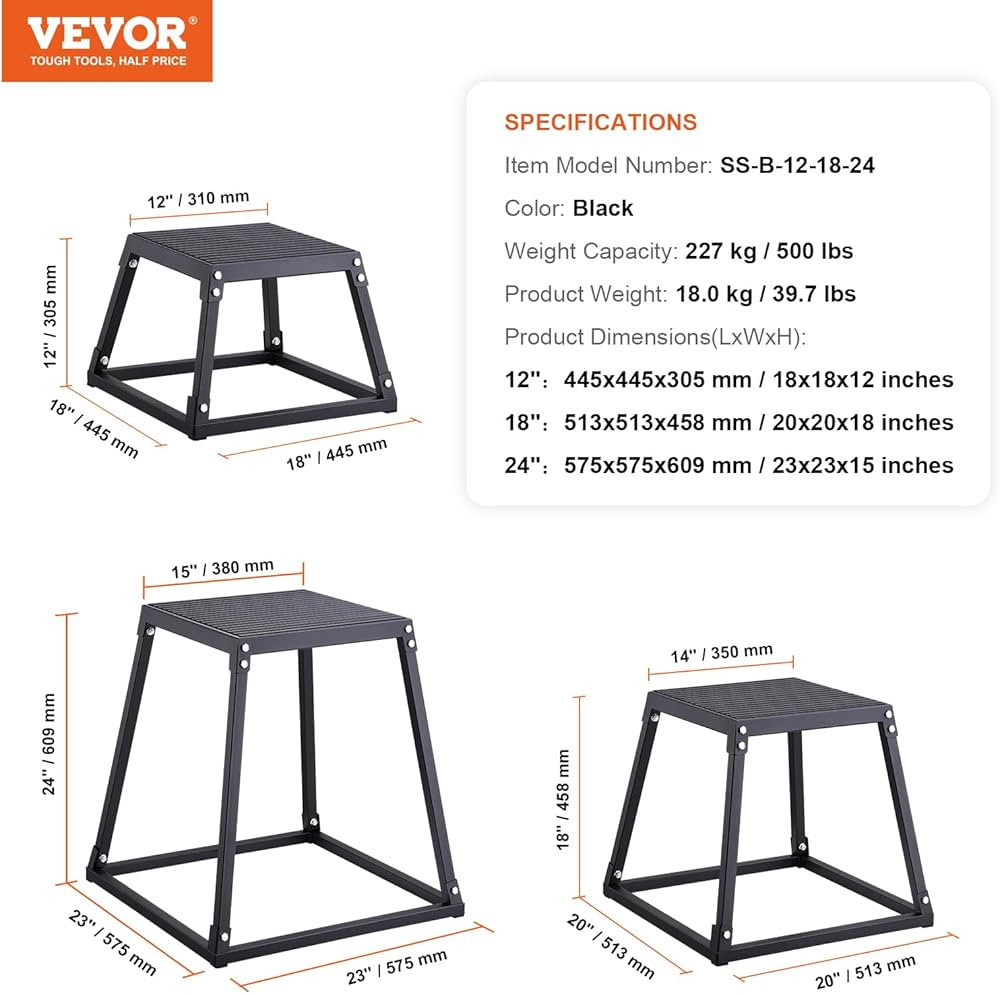 VEVOR Plyometric Jump Box, 18 Inch Plyo Box, Steel Plyometric Platform and Jumping Agility Box, Anti-Slip Fitness Exercise Step Up Box for Home Gym Training, Conditioning Strength Training