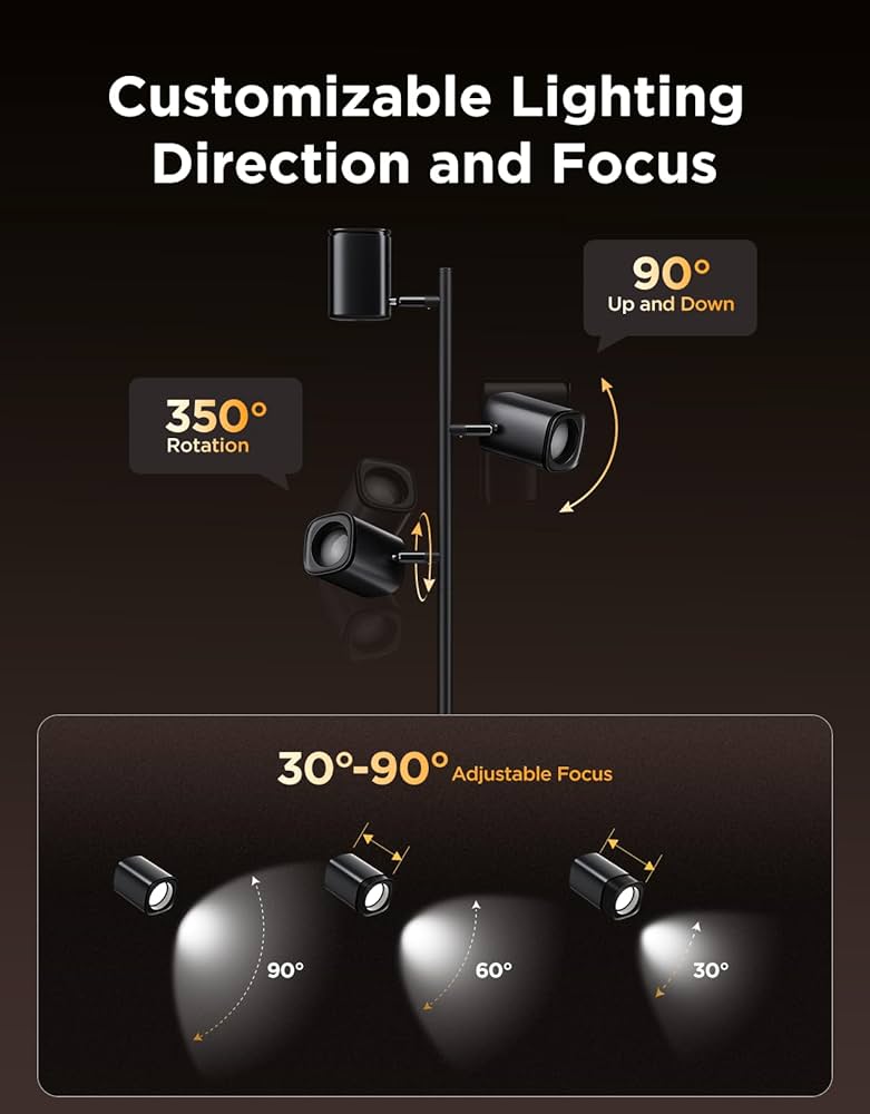 Govee Tree Floor Lamp for Bedroom, 3 Rotatable Lights Compatible with SmartThings, Alexa, and Matter, LED Black Modern Standing Lamp with Adjustable Focus, Music Sync for Living Room, Home Decor