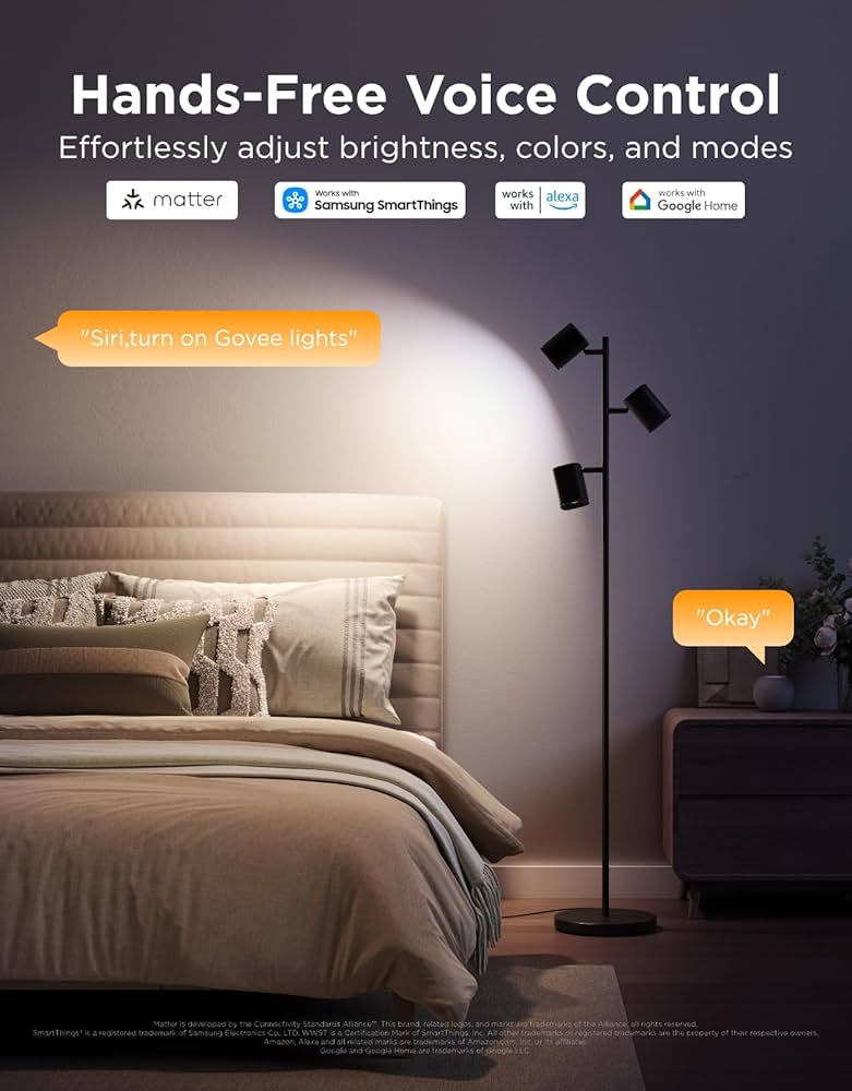 Govee Tree Floor Lamp for Bedroom, 3 Rotatable Lights Compatible with SmartThings, Alexa, and Matter, LED Black Modern Standing Lamp with Adjustable Focus, Music Sync for Living Room, Home Decor