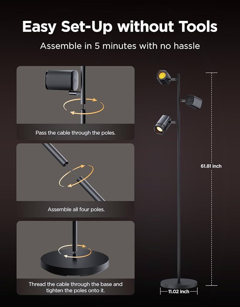 Govee Tree Floor Lamp for Bedroom, 3 Rotatable Lights Compatible with SmartThings, Alexa, and Matter, LED Black Modern Standing Lamp with Adjustable Focus, Music Sync for Living Room, Home Decor