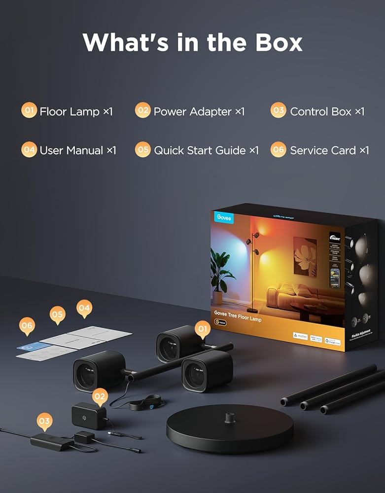 Govee Tree Floor Lamp for Bedroom, 3 Rotatable Lights Compatible with SmartThings, Alexa, and Matter, LED Black Modern Standing Lamp with Adjustable Focus, Music Sync for Living Room, Home Decor