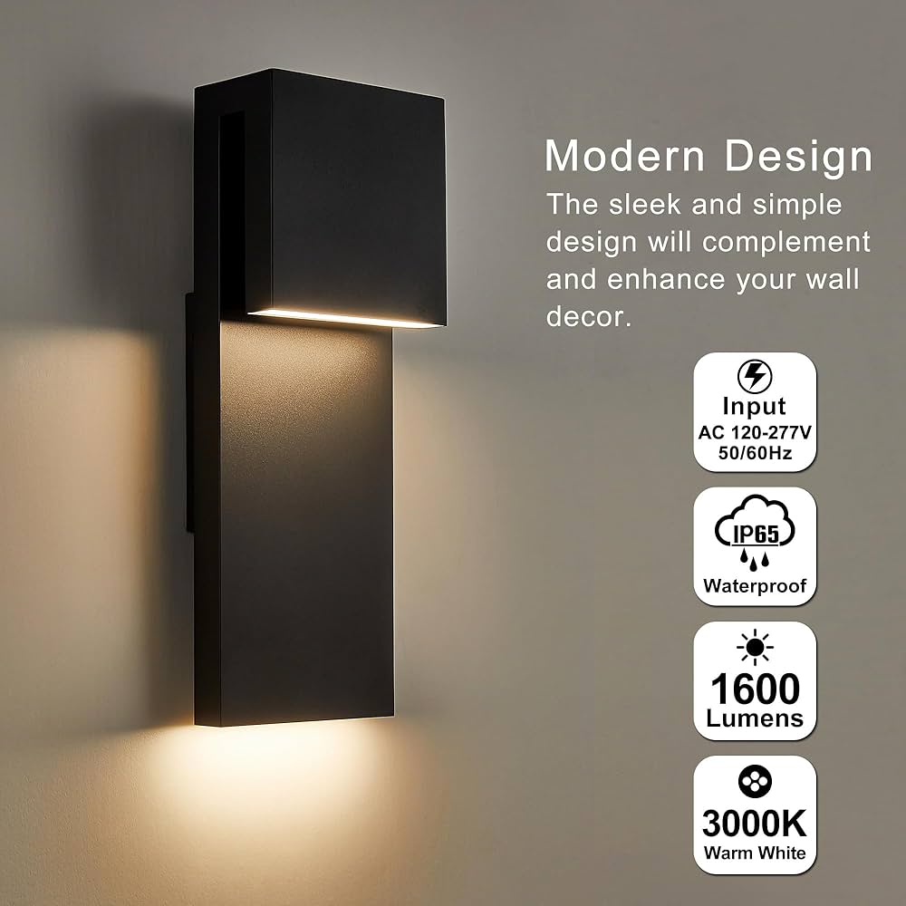 Modern LED Outdoor Wall Sconce 17W Integrated LED Outdoor Wall Mount,Anti Rust Textured Black Suit for Wet Locations and All Rooms,Easily Installed in Any Direction.Bulb Included.